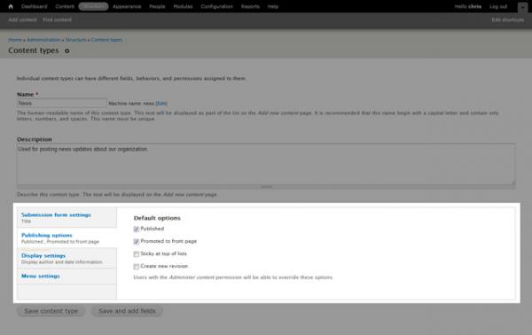Drupal 7 content type publishing options