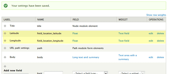 Longitude and Latitude fields on the settings page for the location content type.